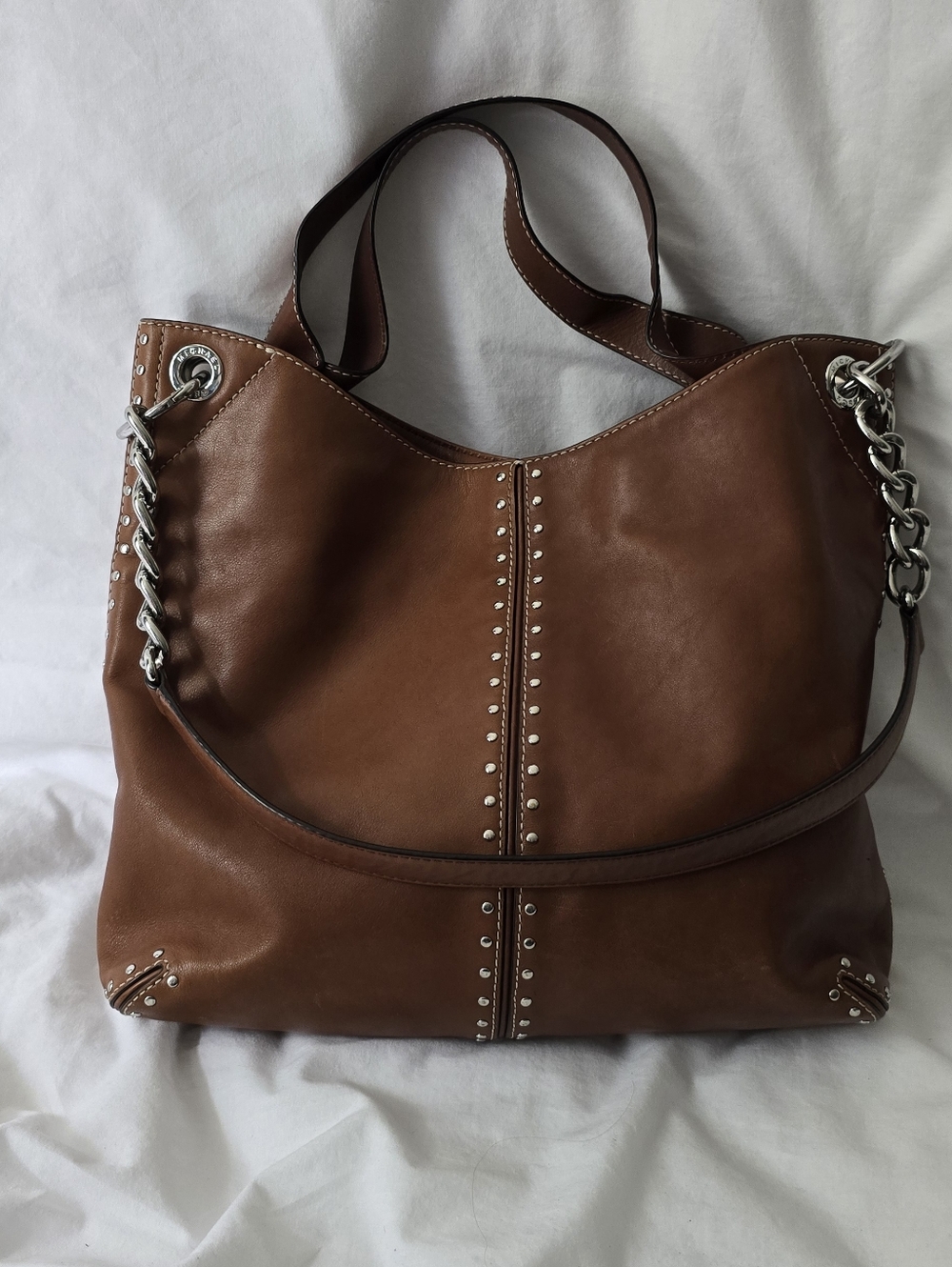 Brown Leather Astor Stud-Accent Shoulder Bag